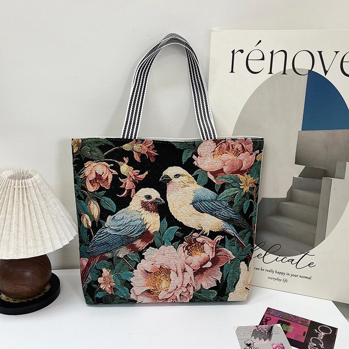 Canvas dames tote tas - 3D geborduurde vlinders - groot formaat - afmetingen 44 x 37 x 9 cm-Gouden vogel