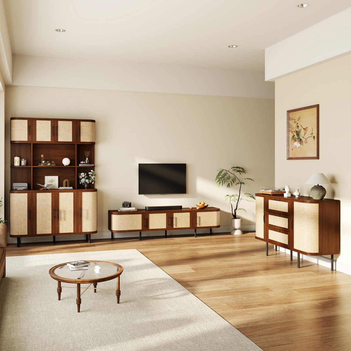 MIVRAY Woonkamerkast Set - Tv Lowboard, Dressoir En Hoge Kast Met Gefreesde Fronten - Walnootkleur - MDF - Modern