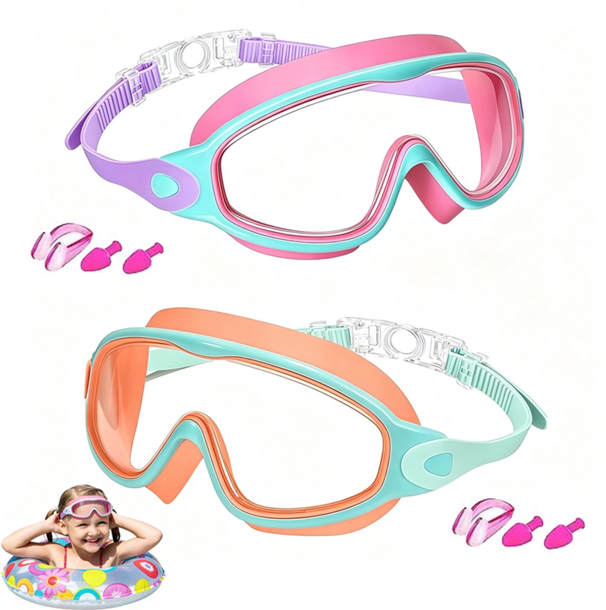 2 Stuks - Zwembril kinderen - Kinderzwembrillen - 180° breed gezichtsveld - verstelbaar - anti‑UV anti‑mist zwembril - voor zwembad, strand en waterspelletjes - Roze en groen & oranje-groen
