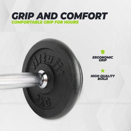 Close-up van een gietijzeren dumbbell met een ergonomische grip.