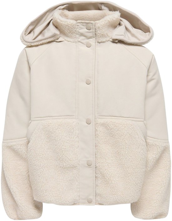 Beige jas met teddy-inzet op de mouwen en zakken, en capuchon.