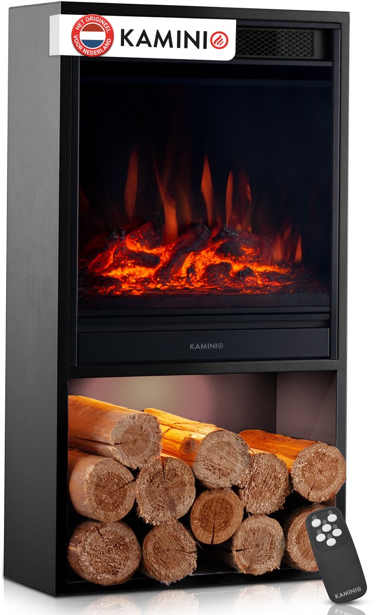 KAMINIO® Hugo elektrische haard met verwarming [Zwarte elektrische haard] - Vrijstaande elektrische haard met verwarmingselement, 3D-vlameffect in 5 standen, houtopslagvak met ledverlichting, timer, thermostaat en afstandsbediening.