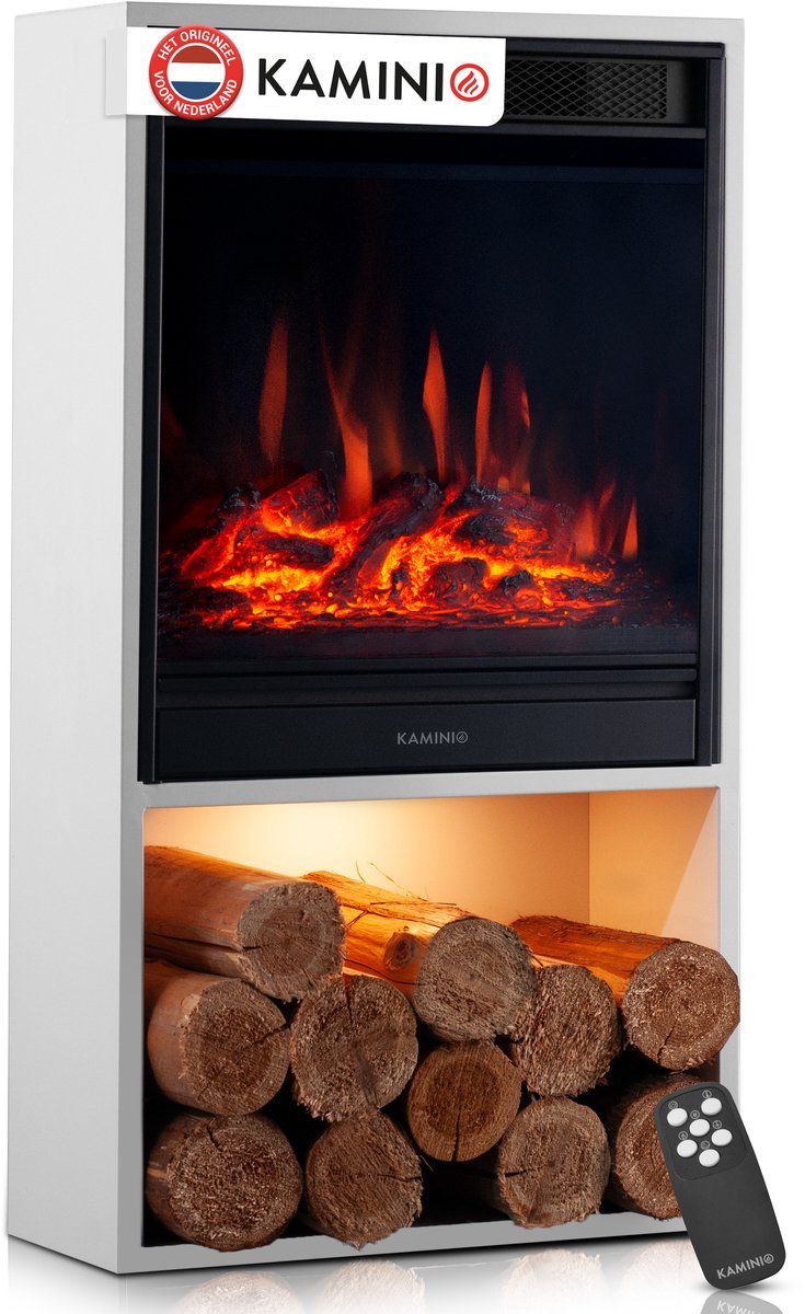 KAMINIO® Hugo elektrische haard met verwarming [elektrische haard wit] - Vrijstaande elektrische haard met verwarmingselement, 3D-vlameffect in 5 standen, houtopslagvak met ledverlichting, timer, thermostaat en afstandsbediening