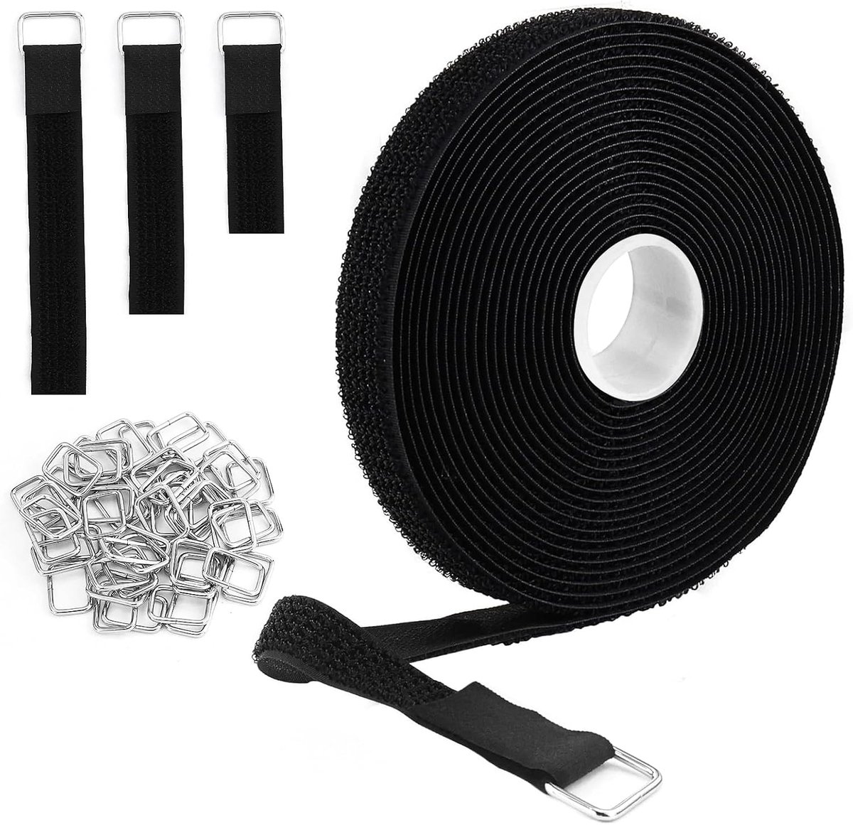 10 m kabelbinders met 50 metalen gesp, 2 cm klittenbandsluiting, sterk, klittenbandrol, vrije snijlengte - ShopVlot