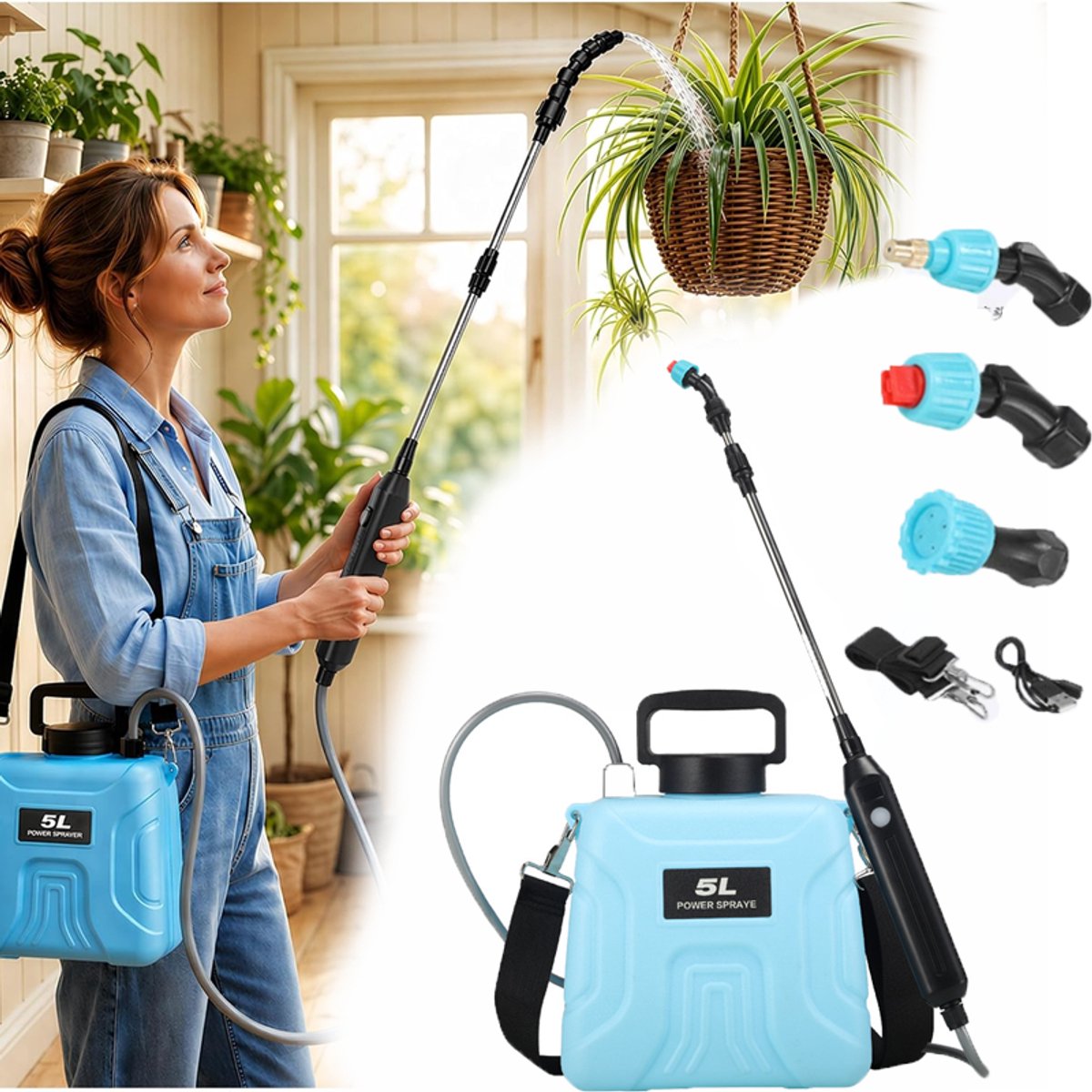 KZQ Elektrische plantensproeier met telescopische stang en 180° verstelbare kop - 5 liter watertank voor hoge hangplanten en tuin - Oplaadbaar en draagbaar - Blauw
