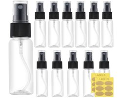 Toureal Sprayflesjes 30ml 12 Stuks, Hervulbare Transparante Verstuiver Flesjes met Labels, BPA-vrije Plastic - ShopVlot
