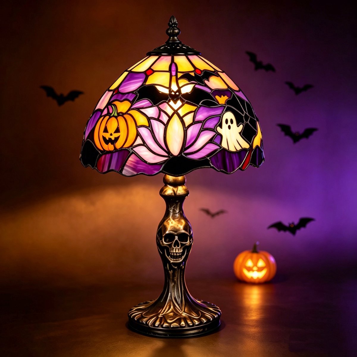 Casalora® Halloween Spook Tafellamp – LED Resin Lamp met Vleermuis en Pompoen – USB Oplaadbare Gothic Nachtlamp voor Halloween Decoratie en Woonkamer