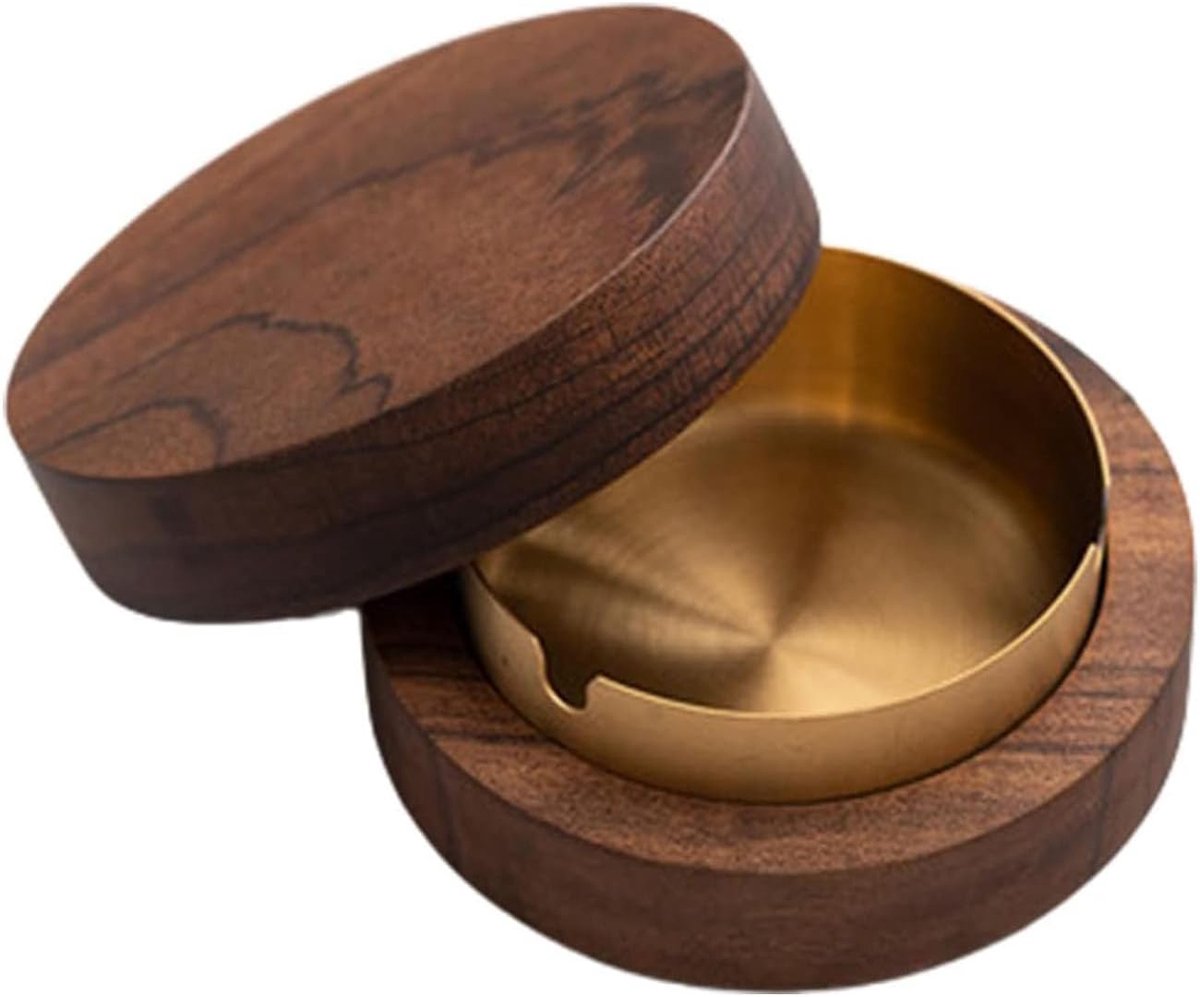Wind ashtray made of wood, windproof, odourproof, ashtray with lid, suitable for party, bar, office, living room (gold) - ShopVlot