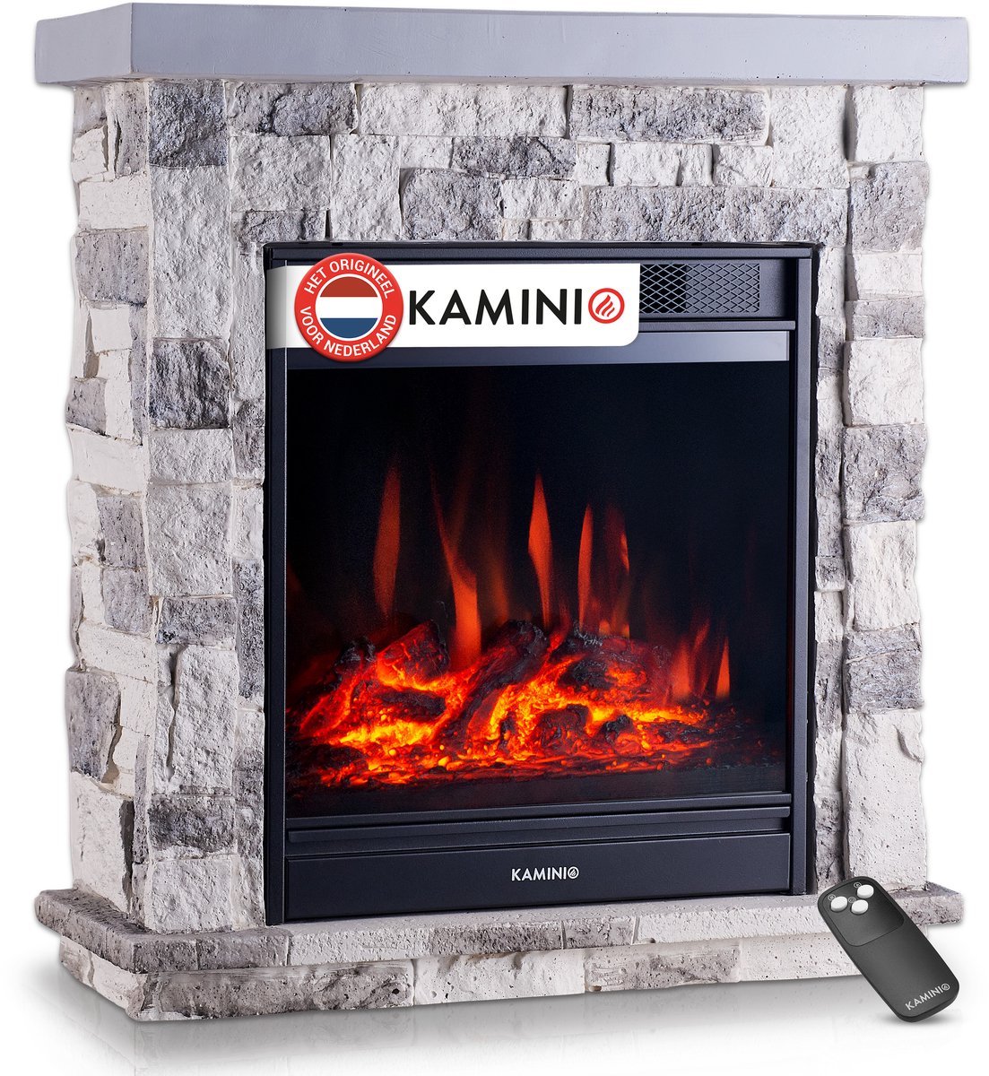 KAMINIO® Juan elektrische haard grijs met verwarming [Vrijstaande haard met steenlook] - Elektrische haard, 3D-vuureffect in 5 standen, LED-sfeerverlichting, afstandsbediening