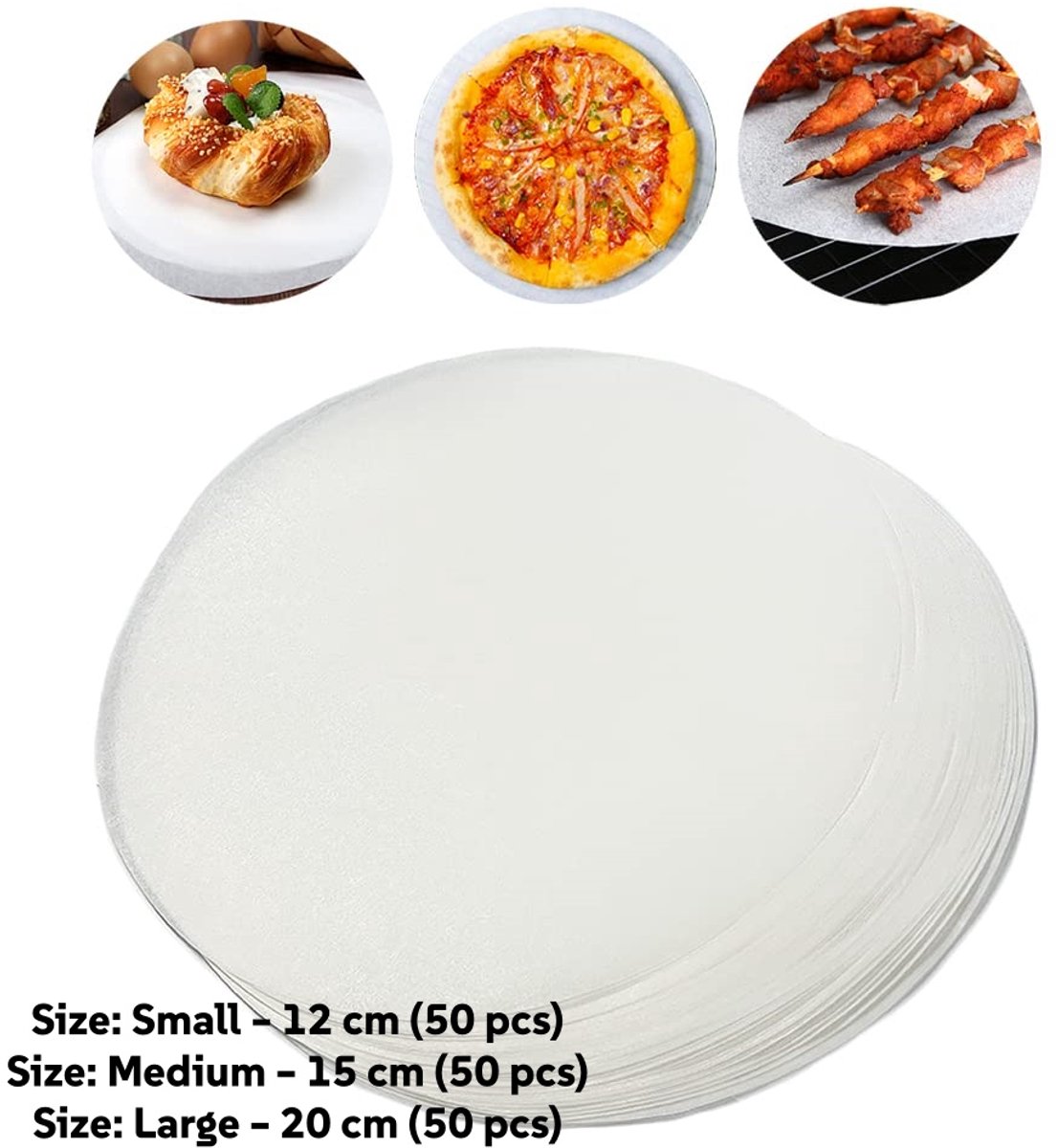 Namajunas - Rond bakpapier - 150 stuks mix maat: Small 12 cm (50 pcs), Medium 15 cm (50 pcs), Large 20 cm (50 pcs) - Voedselveilig - Bakpapier - Geschikt voor: braden, koekjes, yoghurt druppels, eierkoek, cake en brood