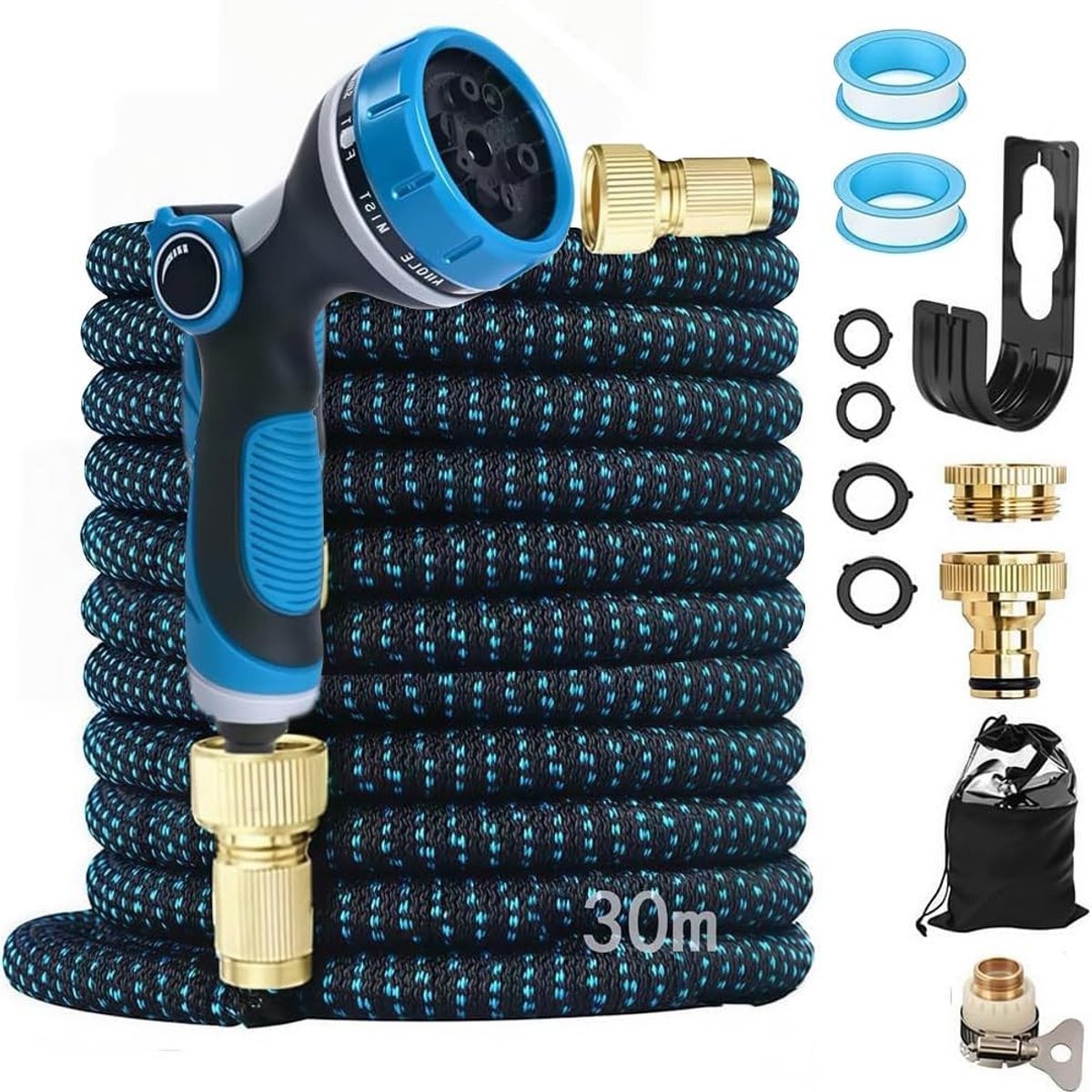 Flexibele Tuinslang - Blauw - 30 Meter - Uitschuifbare Tuinslang met 10-Functie Sproeier - Voor Tuinieren en Wassen