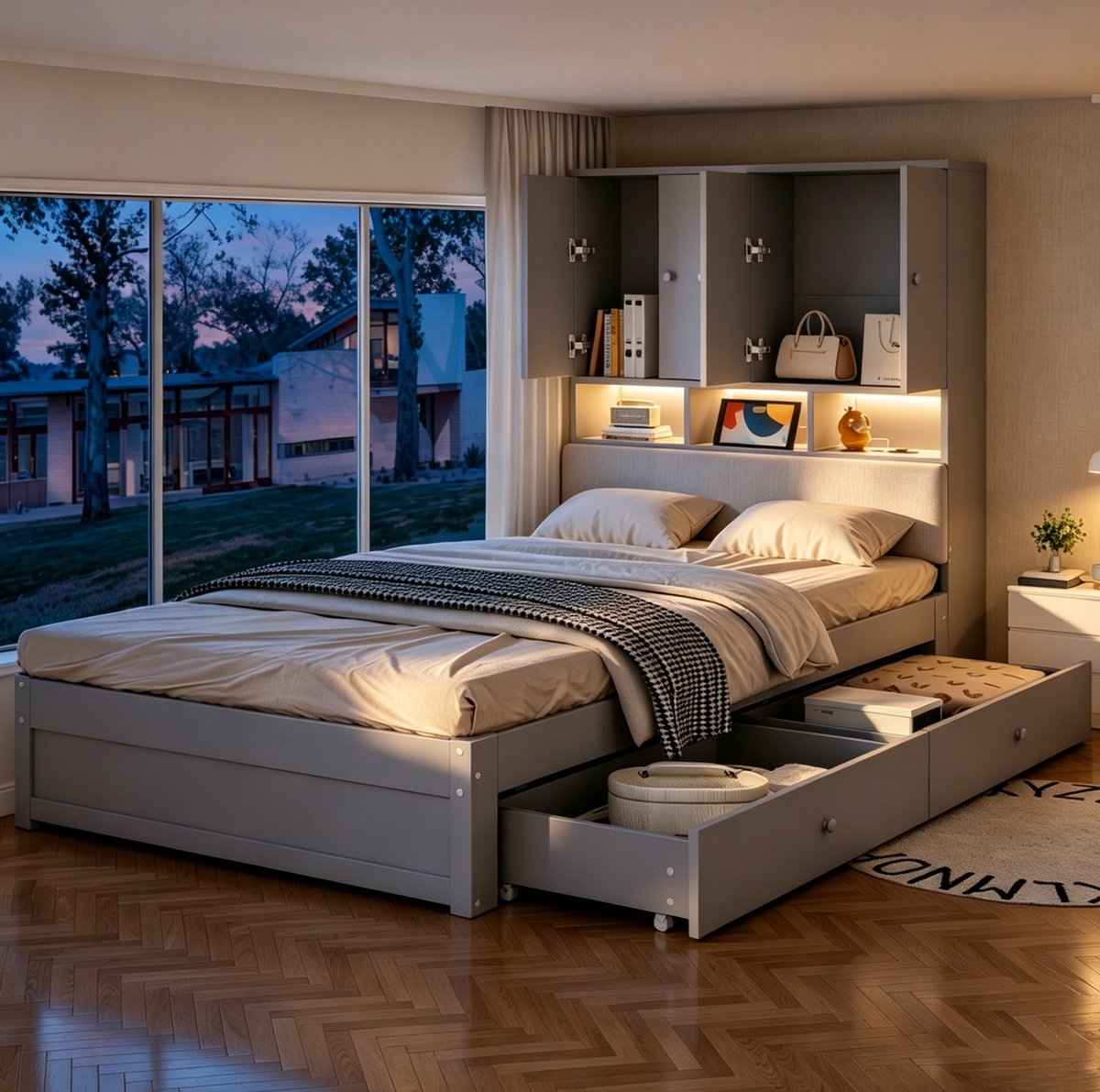 OKWISH Bed 90x200 cm - Gestoffeerd Hoofdeinde Met Ledverlichting en Stopcontact - Met Opbergruimte en 2 Lades - Eenpersoonsbed Zonder Matras - Hout - Grijs