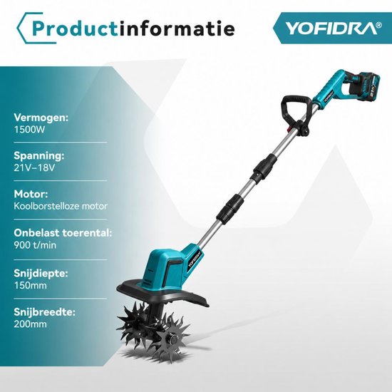 YOFIDRA Elektrische Grondfrees 21V, 15 cm Werkdiepte, 180° Opvouwbaar, met 2 Accu’s - Krachtige Bodemfrees voor Moestuin, Kas en Tuin van Yofidra — afbeelding 2