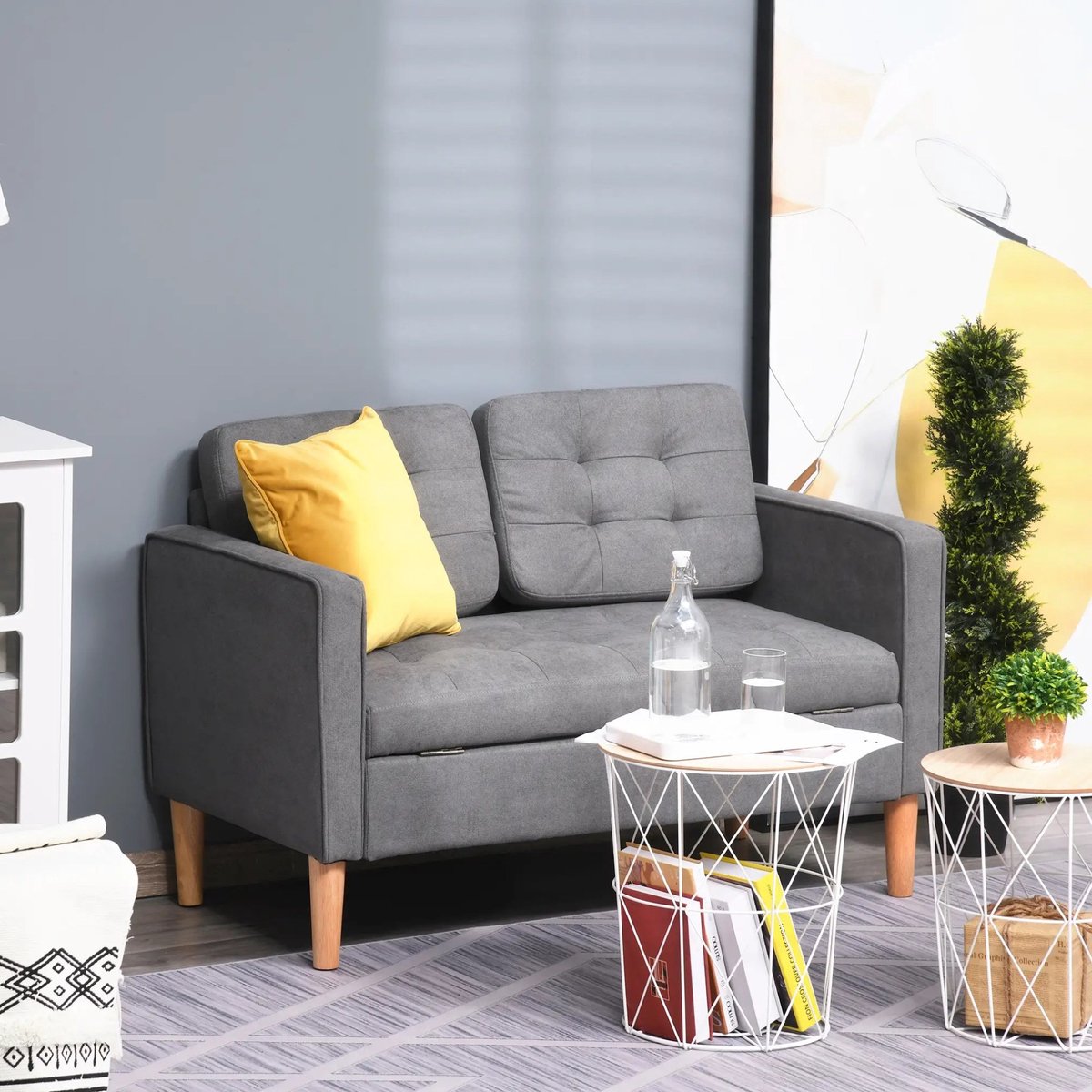 DESMIU Bank - 2-Zits Zitbank 117 X 62 X 78 Cm - Met Opbergruimte En Knopen - Voor Woonkamer, Slaapkamer En Thuiswerkplek - Polyester Grijs