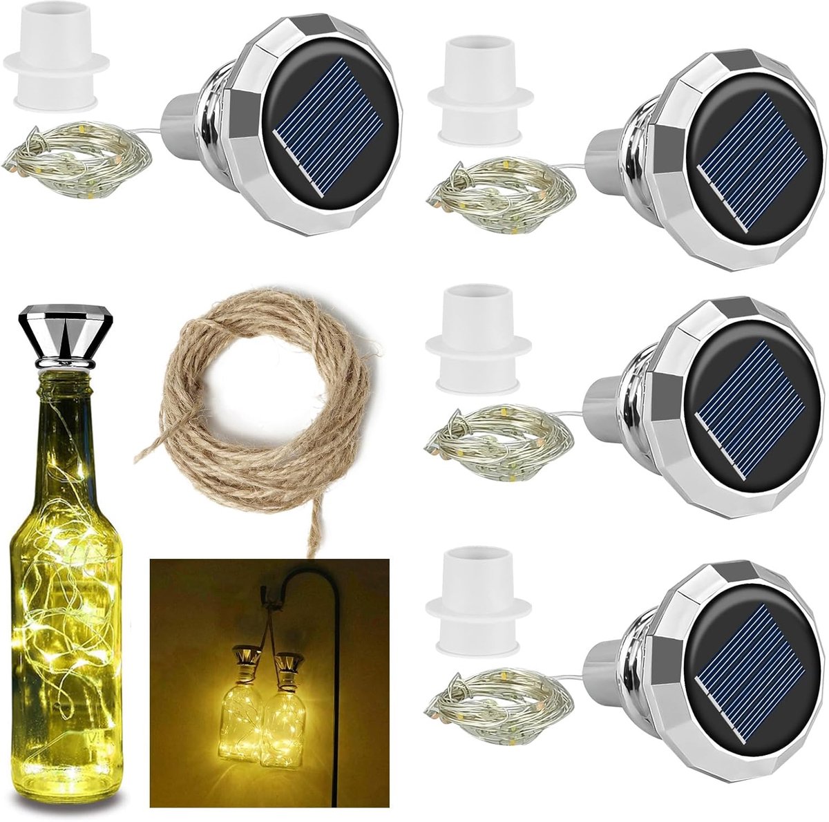 Pack of 4 Solar Bottles, 20 LEDs, 2M Bottle Lights, Cork, Wine Bottle, Fairy Lights, Diamond, Copper Wire for DIY - ShopVlot