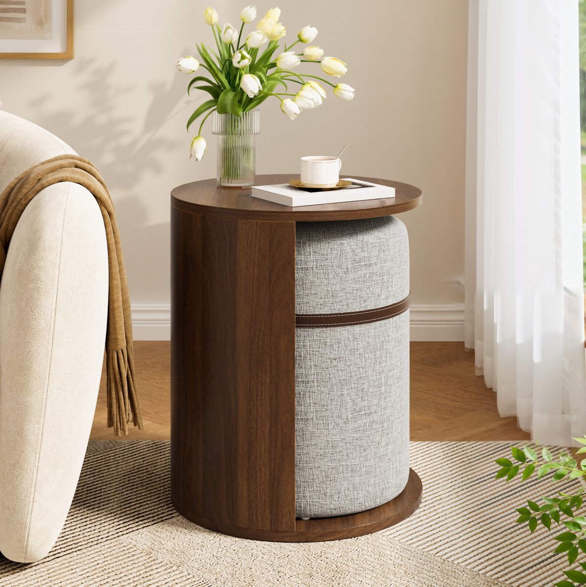 MIVRAY Bijzettafel Set Met Hocker - Rond En Plaatsbesparend - Modern Voor Woonkamer En Slaapkamer - MDF En Hout - Walnoot - 38 Cm
