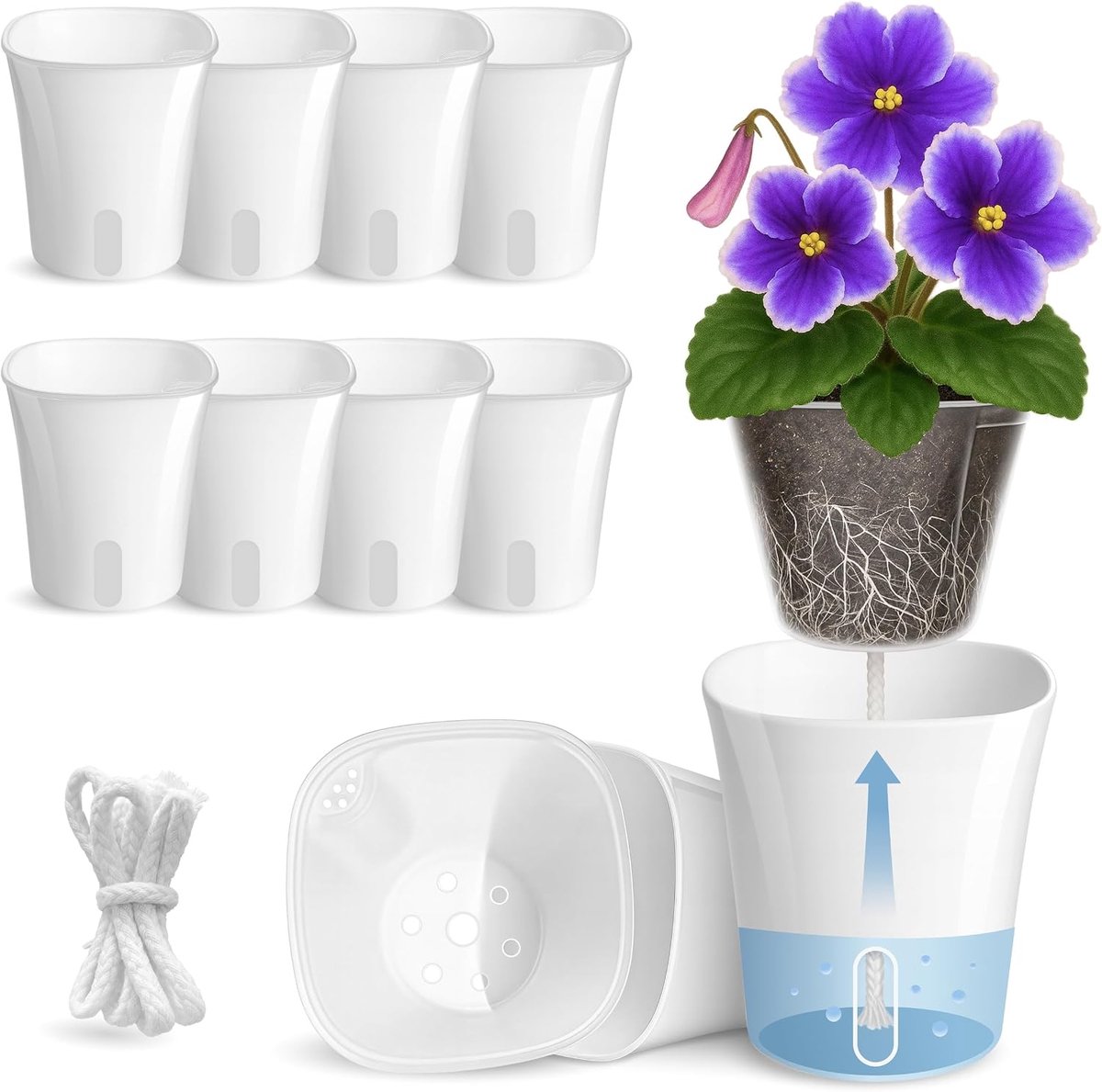 KZQ 8-delige zelfwatergevende plantenpotten 7,6 cm - Transparant met waterniveau indicator en afvoergaten - Extra lont - Geschikt voor stekken zaailingen en kruiden - Wit