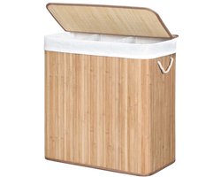 Wasmand Wasgoedmand Opbergmand 60 x 40 x 61,5 cm houtkleur 150L grote capaciteit met drie vakken en afneembare wasbare binnenzak deksel en handgrepen opvouwbaar en ruimtebesparend geschikt voor wasruimte slaapkamer en badkamer
