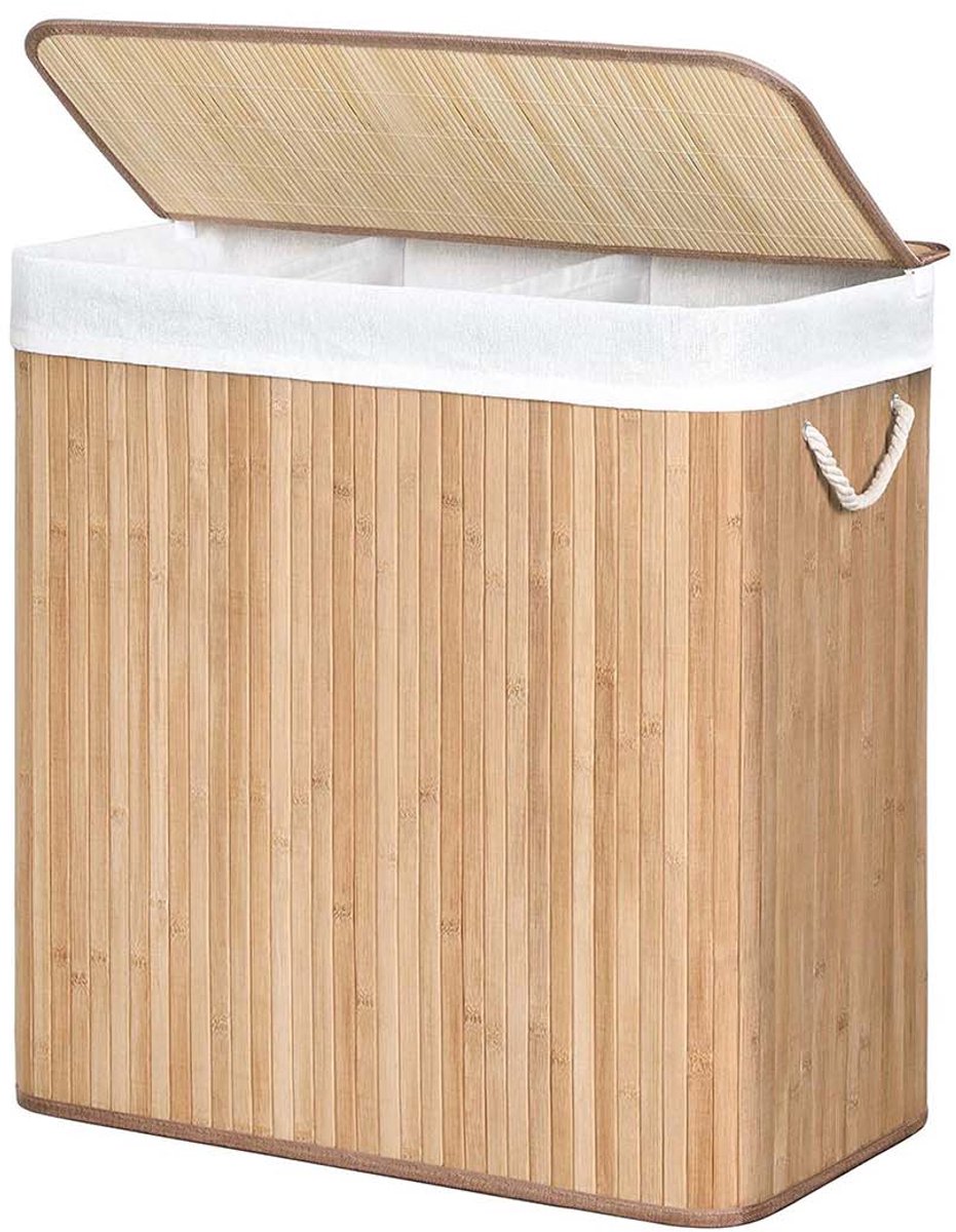 Wasmand Wasgoedmand Opbergmand 60 x 40 x 61,5 cm houtkleur 150L grote capaciteit met drie vakken en afneembare wasbare binnenzak deksel en handgrepen opvouwbaar en ruimtebesparend geschikt voor wasruimte slaapkamer en badkamer