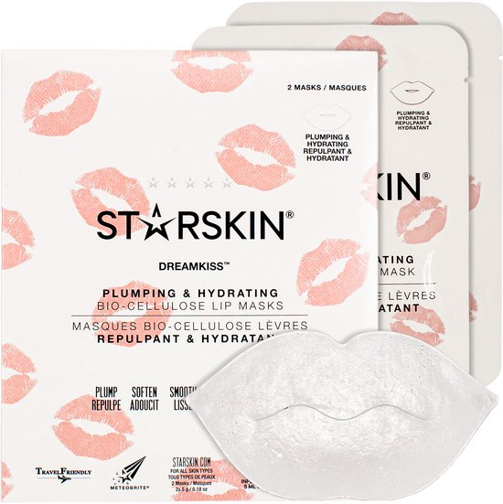 Verpakking van twee STARSkin Dreamkiss Bio-Cellulose lipmaskers met een patroon van rode kusafdrukken.