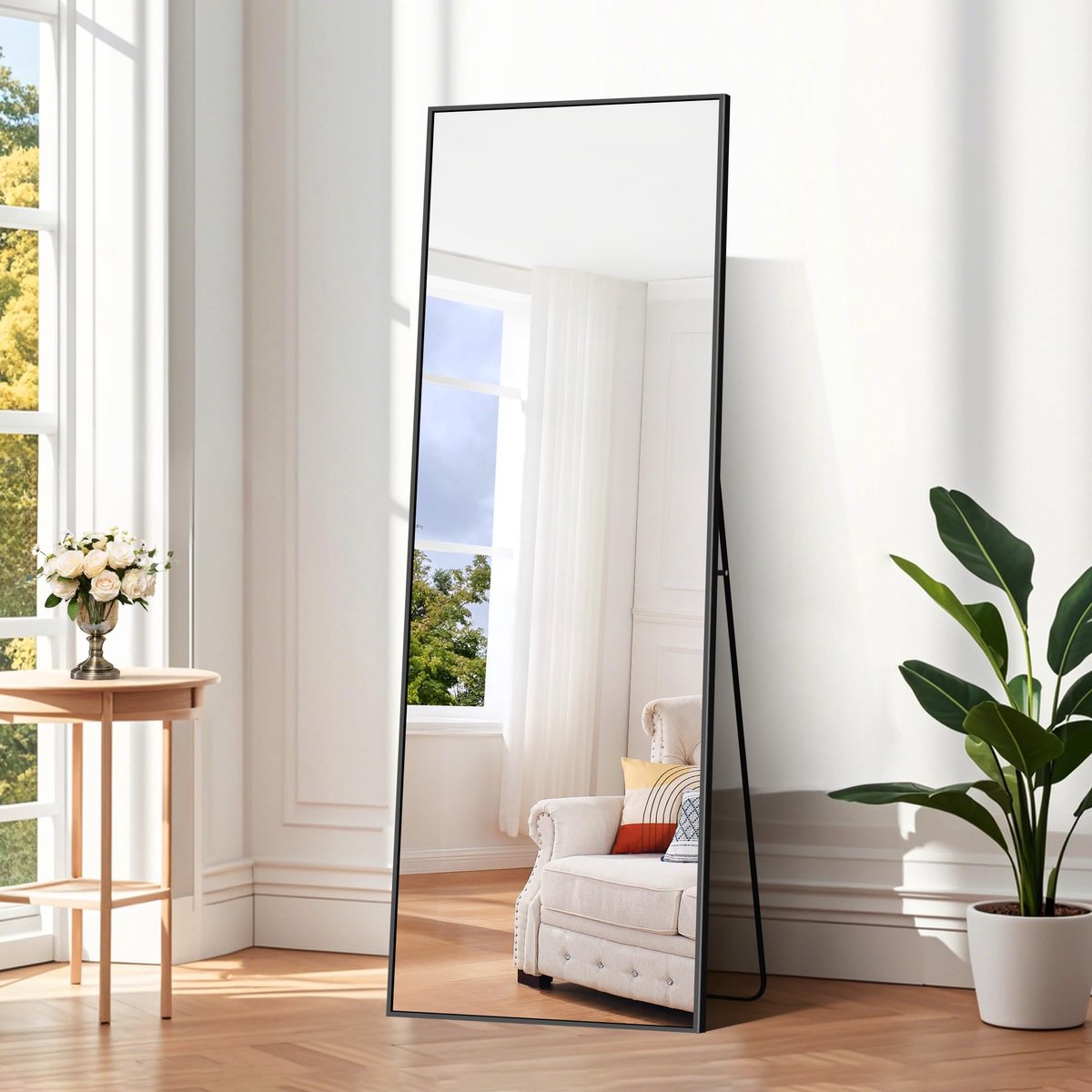 Famanu – Boog vloerspiegel, 150 x 40 cm, met zwart aluminium frame, staande spiegel voor slaapkamer en woonkamer