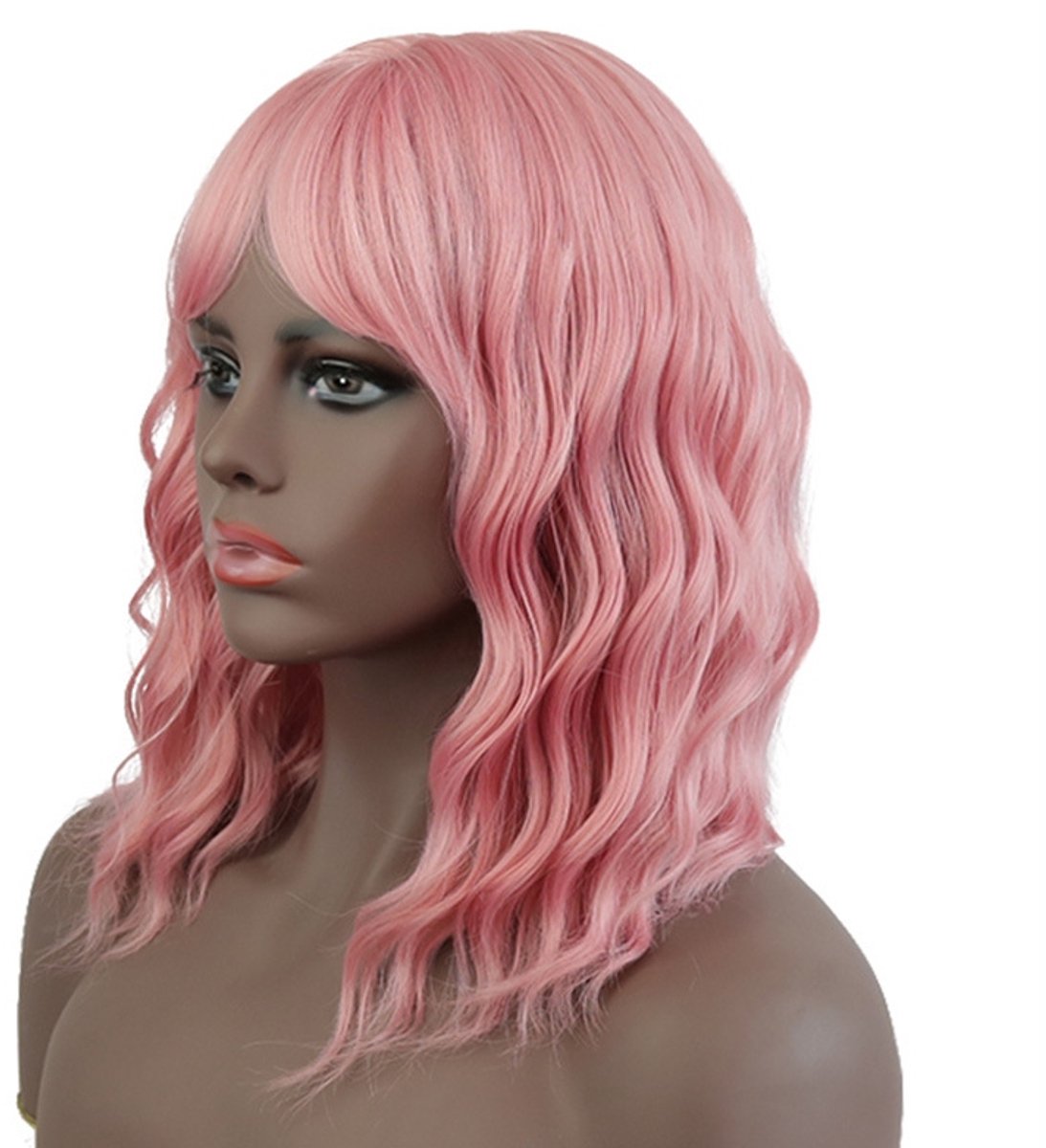 Roze Cosplay Pruik 35cm Bob Krullend met Pony - Glam Rock Stijl