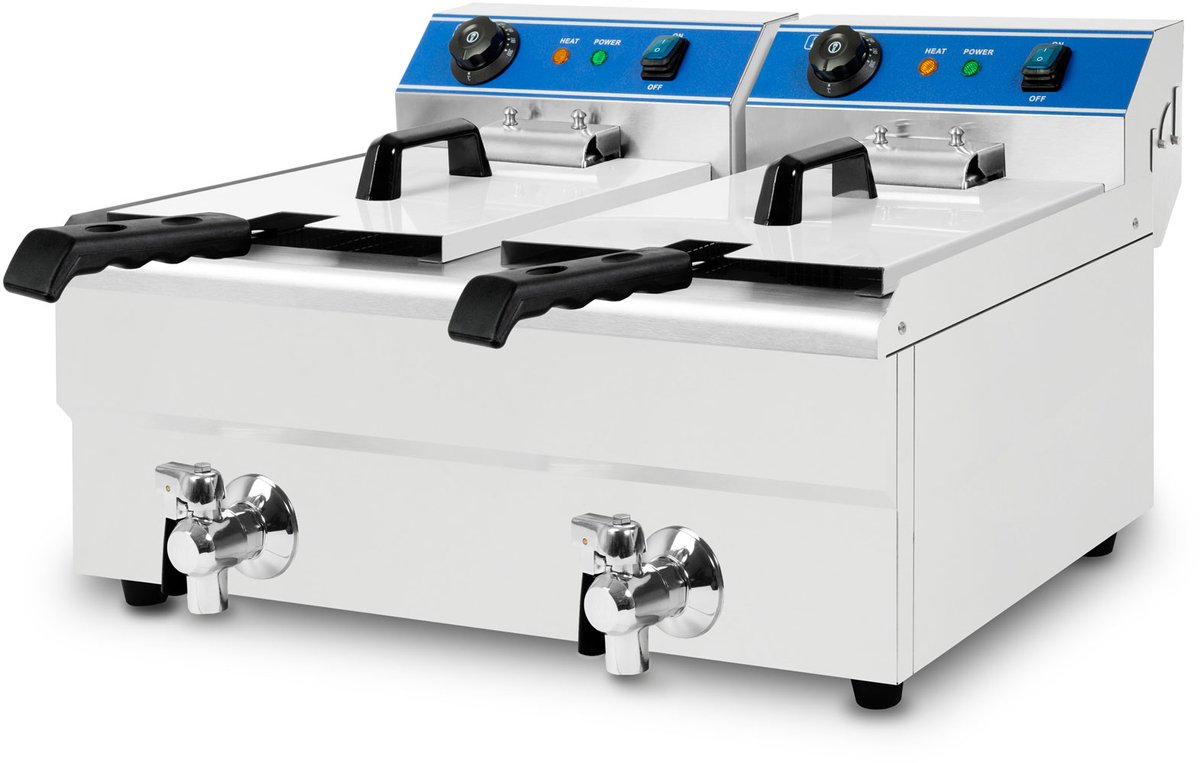 VERTES friteuse van roestvrij staal, inhoud 2 x 13 liter, 50-200°C, 6000W, 230V, koudezoneprincipe, professionele horeca-friteuse met aftapkraan, eenvoudig te reinigen