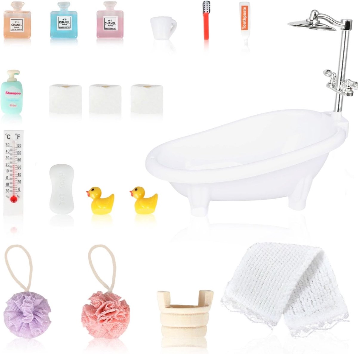 19-delige badkameraccessoireset - miniatuuraccessoires 1:12 - inclusief bad en eend - perfect voor poppenhuis - ShopVlot