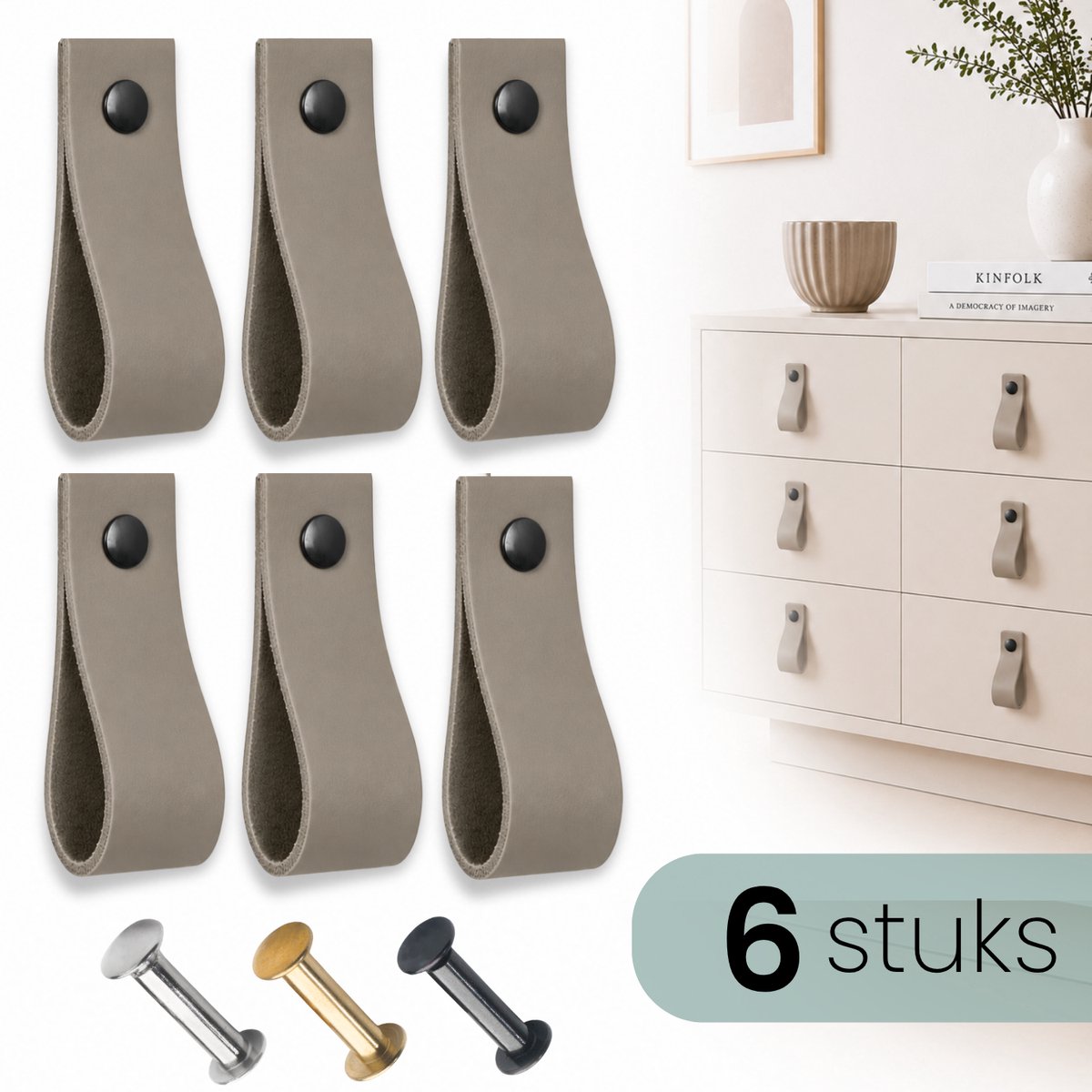 HOYA living - Leren lusjes - Taupe - 6 stuks - 3 kleuren schroeven - 100% leer
