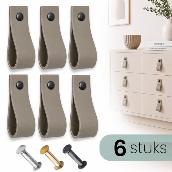 Zes taupe leren lusjes met zwarte knopjes. Drie kleuren schroeven afgebeeld: zilver, goud en zwart.