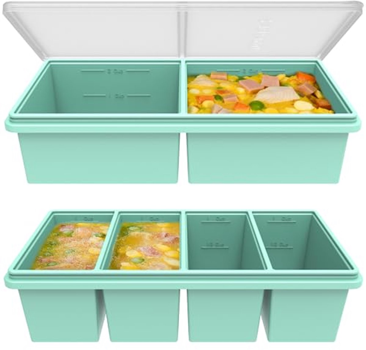 Siliconen Vriesvorm - Siliconen Soepvriesbakjes met Deksel 2 Stuks – 2 en 4 Vaks – 29,7 × 14,5 × 6 cm – Herbruikbare Diepvriesvormen – Voor Soep, Bouillon en Meal Prep – Stapelbaar & Lekvrij – Meal Prep Container