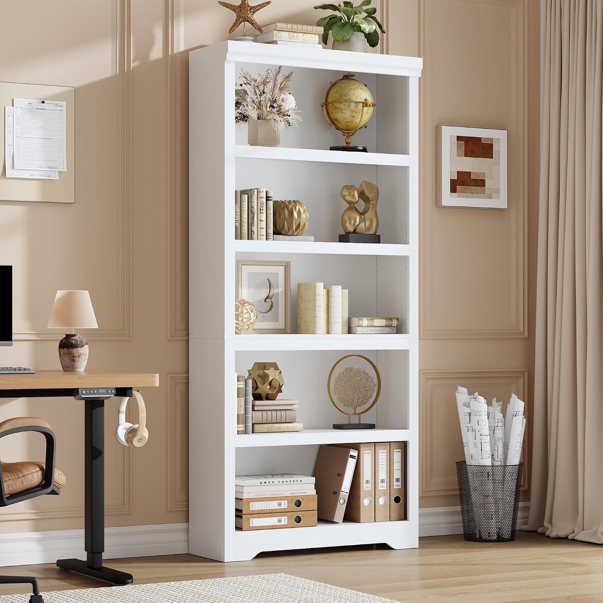 Hoge Boekenkast 5 Lagen - 80x29.5x174.5cm - Boekenkast Vintage - Verstelbare Planken - Kantelbeveiliging - Open Opbergkast - Voor Woonkamer Kantoor - Wit