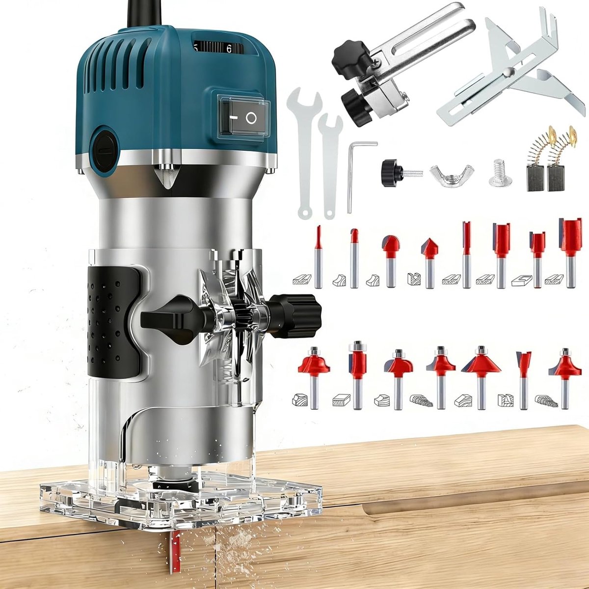 Freesmachine - 800W kantenfrees - 6 snelheden instelbaar - Elektrische Houtfrees met Koffer - Kantenfreesmachine - Bovenfrees - 15-delige freeskopset - antenfrees - Houtfrees