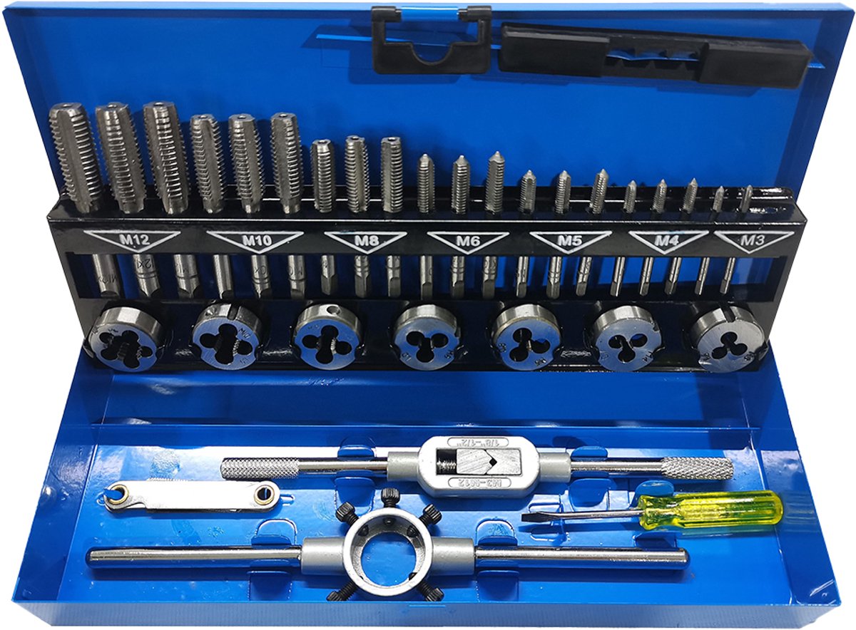 32-delige tap- en snijset - M3–M12 - Taps en snijplaten van gelegeerd staal - Taps en sleutels - Gereedschap - Blauwe kunststof doos