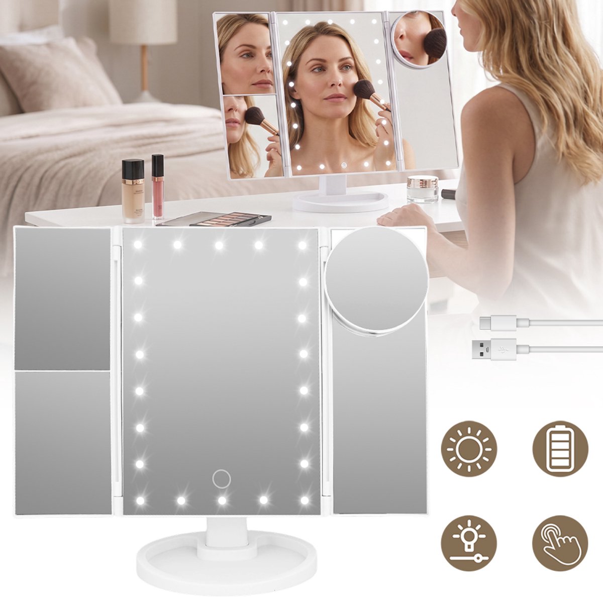 Make-Up Spiegel Met Aanraakbediening Met 21 LED-Kralen En 3 Vergrotingen (2x/3x/10x) - Verstelbare Hoek USB-Voeding - Ideaal Voor Thuis Op Kantoor In De Badkamer En Op Reis