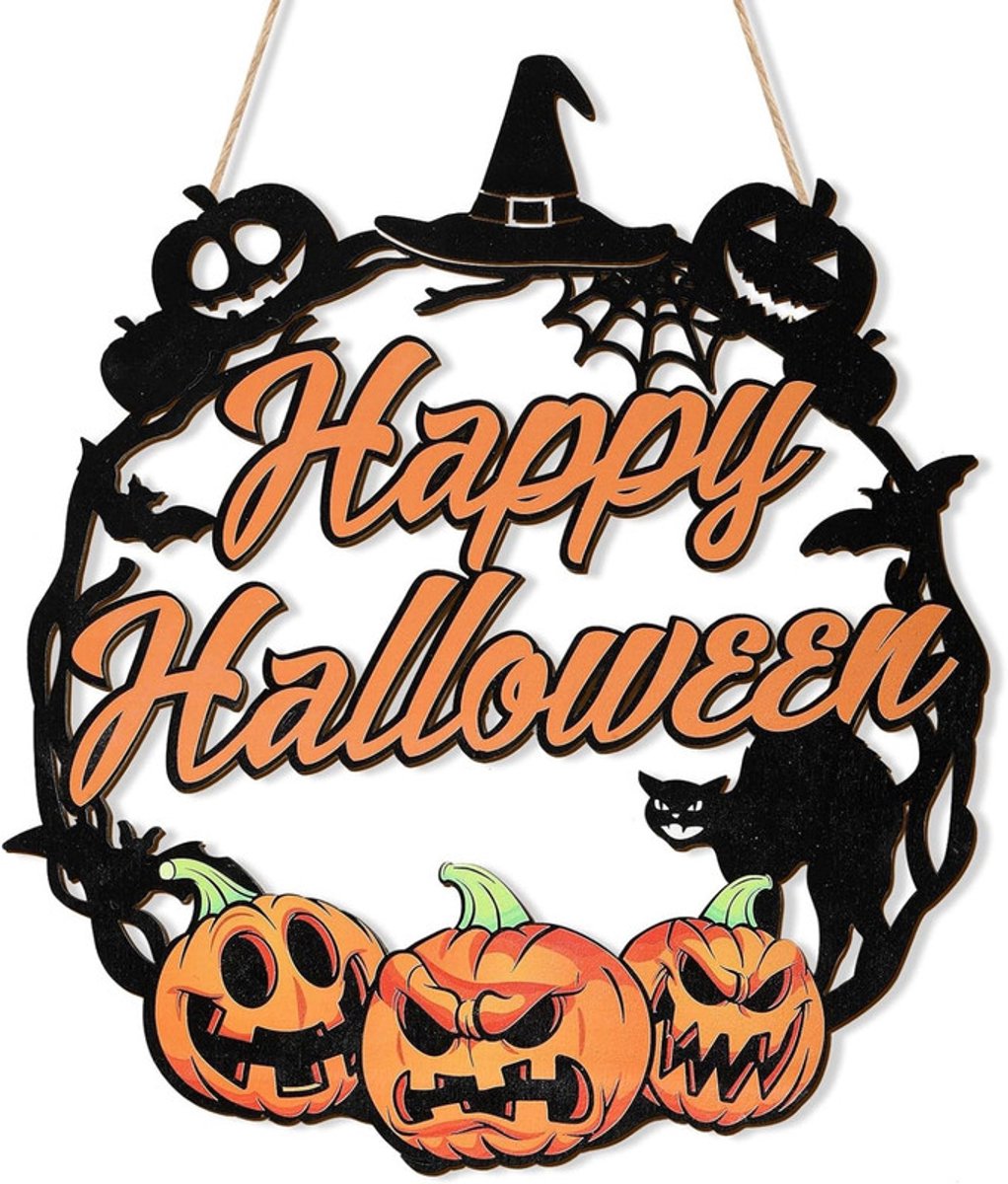 Hangend pompoenornament – ​​26 x 30 cm – Houten Halloween-bord voor de voordeur – Halloween-deurbordje – Wandhanger – Decoratie voor deur en muur – Pompoen-wanddecoratie – Sfeervolle decoratie voor Halloween-feest – Hangend bord voor huis, terras