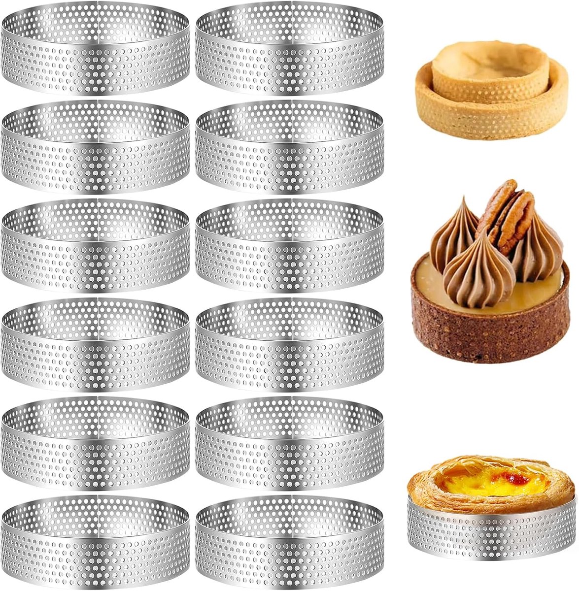 12 Stuks Mousse Ringen 6 cm - Roestvrijstalen Vormen met Gaten - Voor Dessert Taart en Mini Pizza - Perforeerde Bakvormen voor Mousse en Patisserie
