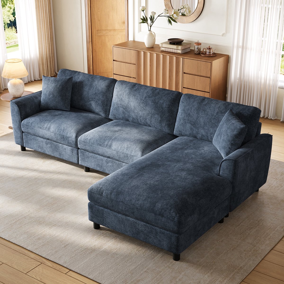 OKWISH Hoekbank 3-Zits 256x137x79 Cm Met Omkeerbare Chaise Longue En 90 Cm Ligvlak Voor Woonkamer Van Chenille Blauw