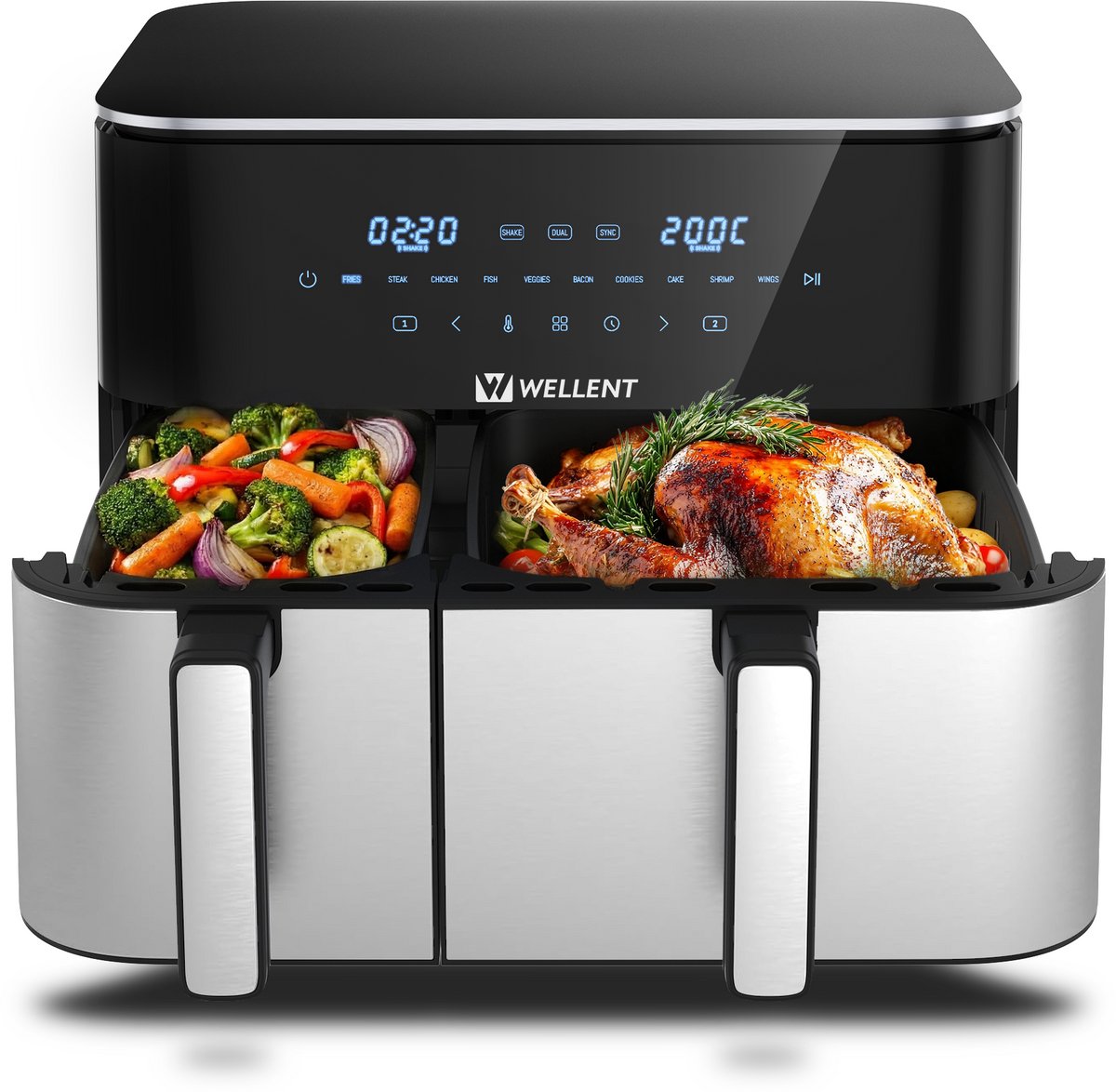 WELLENT Dubbele Airfryer - 4L+7L - 11 liter - 2 manden - Airfyer XXL - Touchscreen - 10 programma's - 2600W