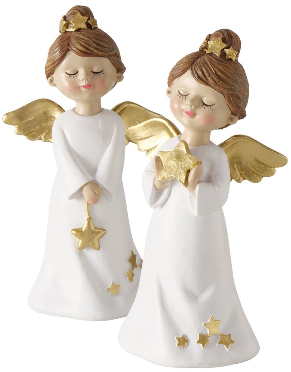 Boltze - Engel - Figuur - Set van 2 - Wit en Goud - Resin - 21 cm - Kerstdecoratie - Kerst
