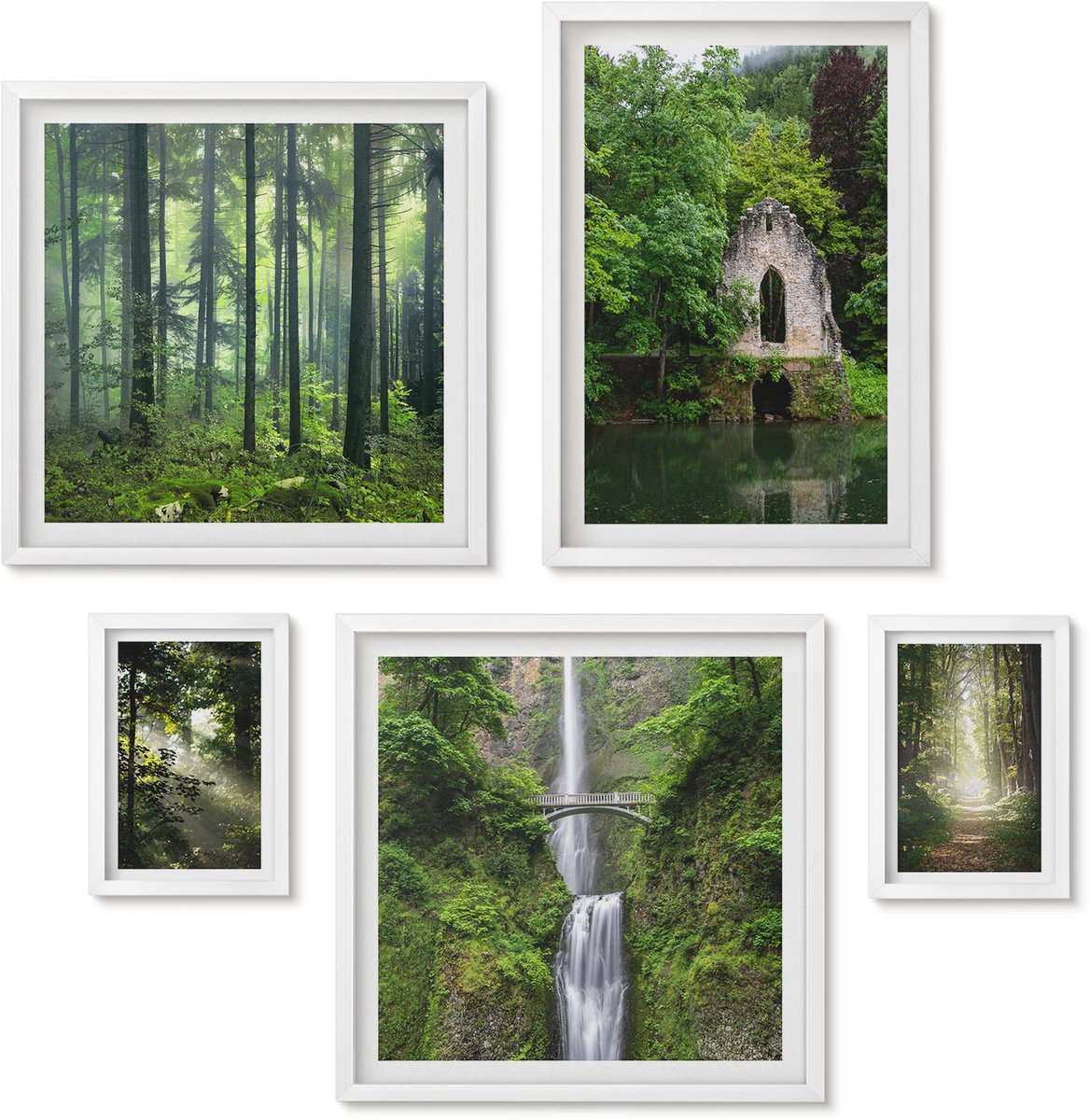 Wallfluent 5-Delige Schilderij Set - Groene Bossen En Watervallen In Een Natuurlijke Omgeving - 50 x 50 cm, 20 x 30 cm En 40 x 60 cm - Wanddecoratie - Muurdecoratie - Moderne Interieurdecoratie - Woonkamer Decoratie