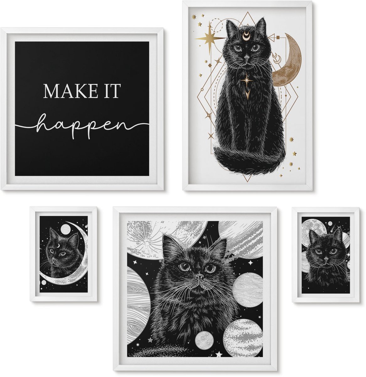 Wallfluent 5-Delige Schilderij Set - Zwarte Katten In Boho-Stijl Met Ruimtemotieven - 50 x 50 cm, 20 x 30 cm En 40 x 60 cm - Stijlvolle Wanddecoratie - Interieur - Muurdecoratie