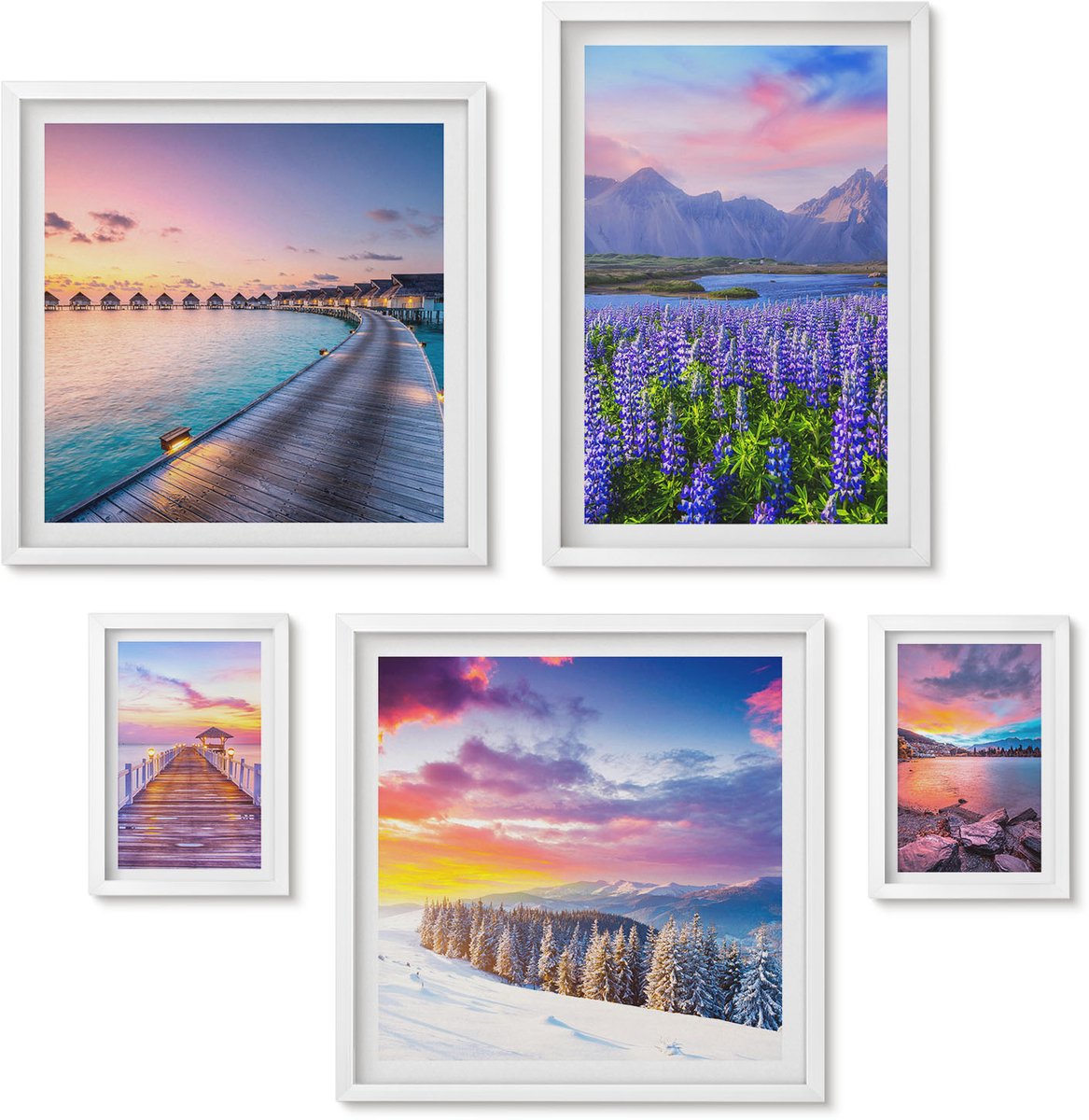 Wallfluent 5-Delige Schilderij Set - Natuurlijke Landschappen Met Schilderachtige Berggezichten - 50 x 50 cm, 20 x 30 cm En 40 x 60 cm - Stijlvolle Muurdecoratie - Kantoor - Moderne Wanddecoratie