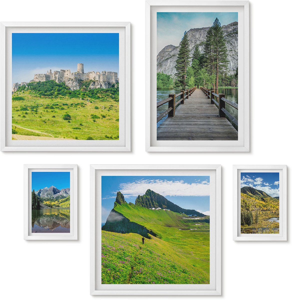 Wallfluent 5-Delige Schilderij Set - Natuurlijke Berglandschappen Met Watervallen En Bossen - 50 x 50 cm, 20 x 30 cm En 40 x 60 cm - Muurdecoratie - Interieur Decoratie - Stijlvolle Muurdecoratie