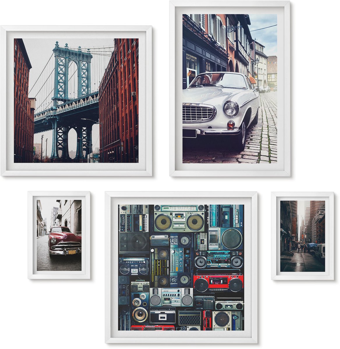 Wallfluent 5-Delige Schilderij Set - Stijlvolle Auto'S En Stadsarchitectuur - 50 x 50 cm, 20 x 30 cm En 40 x 60 cm - Wanddecoratie - Muurdecoratie - Moderne Interieurdecoratie - Moderne Wanddecoratie