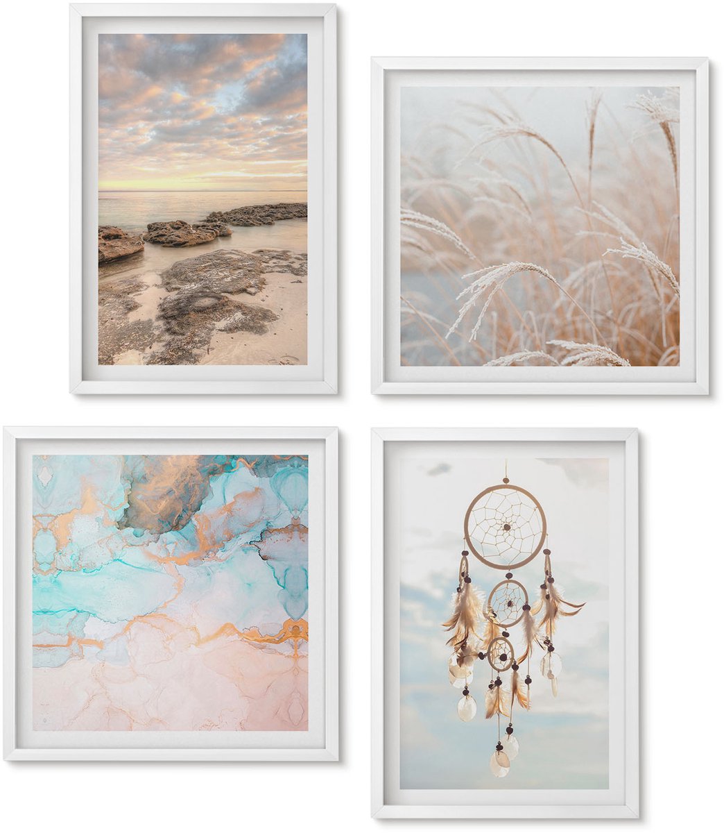 Wallfluent 4-Delige Schilderij Set - Zeezicht Met Wolken, Dromenvanger En Gras - 40 x 40 En 40 x 60 - Wanddecoratie - Muurdecoratie - Moderne Interieurdecoratie - Moderne Wanddecoratie
