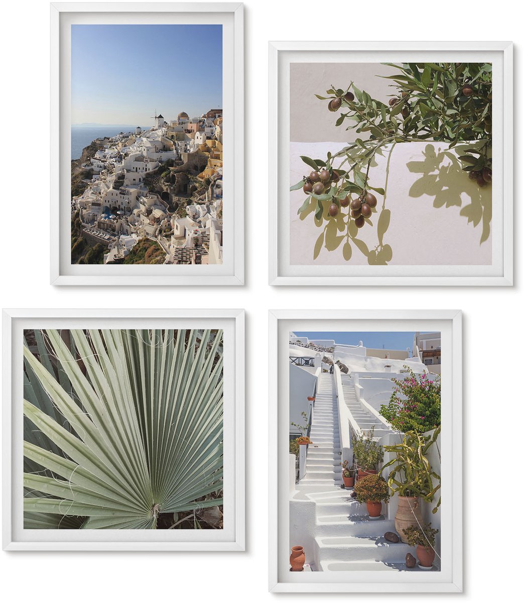 Wallfluent 4-Delige Schilderij Set - Witte Trappen Op Santorini Met Uitzicht Over De Stad - 40 x 40 En 40 x 60 - Stijlvolle Muurdecoratie - Slaapkamer