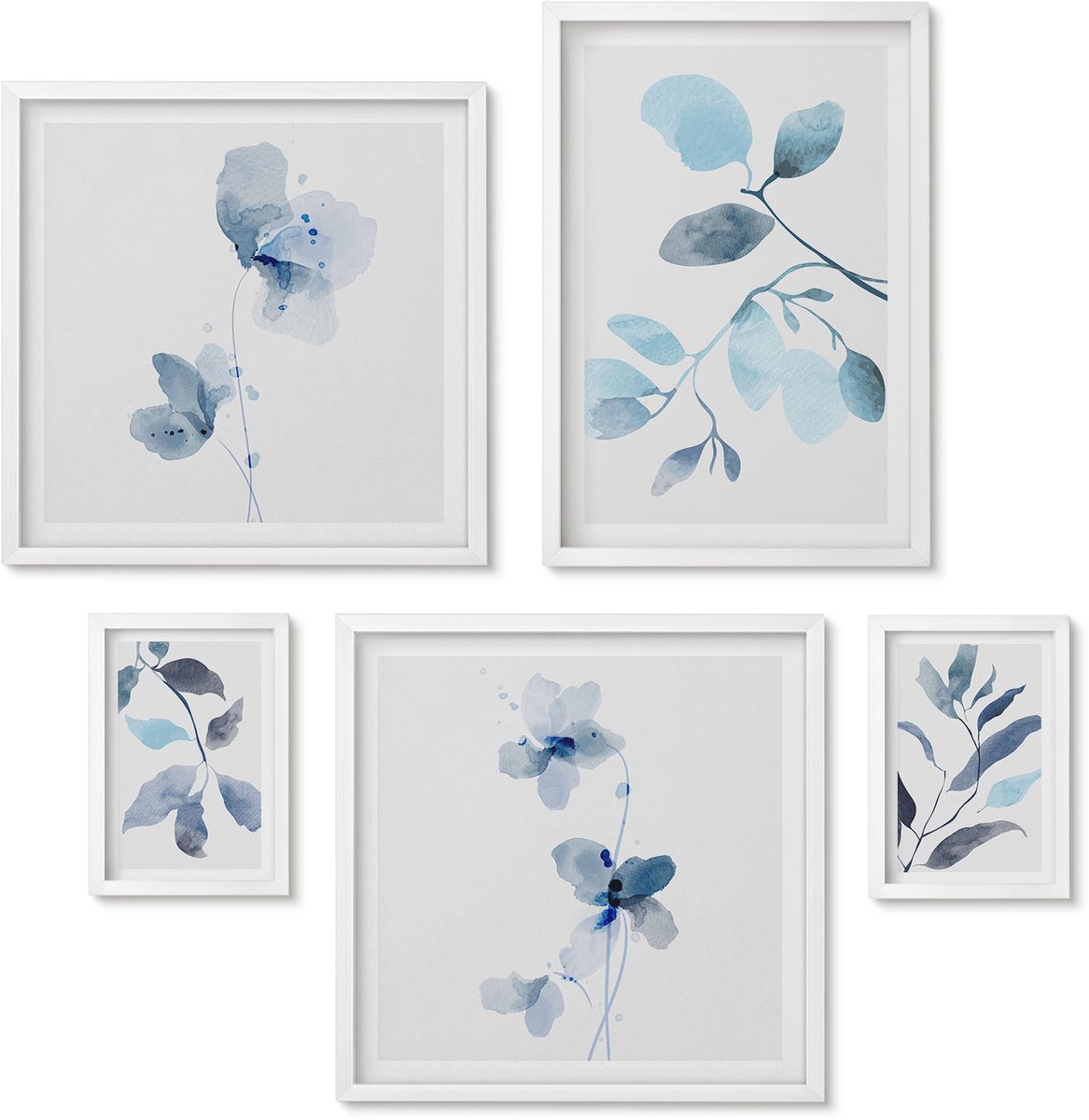 Wallfluent 5-Delige Schilderij Set - Botanische Accenten In Delicate Blauwe Tinten - 50 x 50 cm, 20 x 30 cm En 40 x 60 cm - Wanddecoratie - Schilderijen Set - Kantoor - Interieur Decoratie