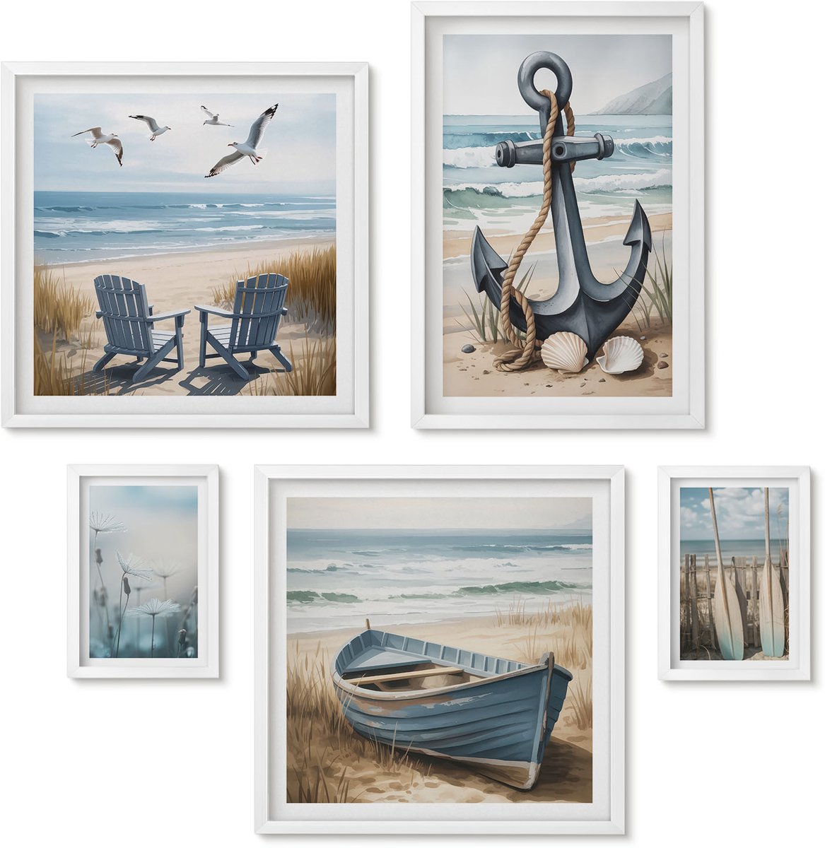 Wallfluent 5-Delige Schilderij Set - Inspiratie Voor Een Maritieme Stijl Met De Zee En Het Strand - 50 x 50 cm, 20 x 30 cm En 40 x 60 cm - Decoratieve Schilderijen - Woonkamer - Interieur - Woonkamer Decoratie