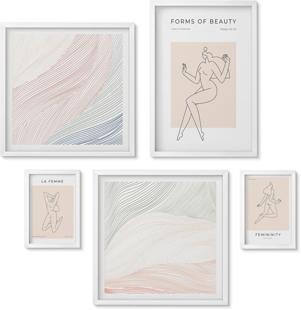 Wallfluent 5-Delige Schilderij Set - Prachtige Vormen, Lijnen En Silhouetten In Een Minimalistische Stijl. - 50 x 50 cm, 20 x 30 cm En 40 x 60 cm - Wanddecoratie - Moderne Interieurdecoratie - Decoratieve Schilderijen